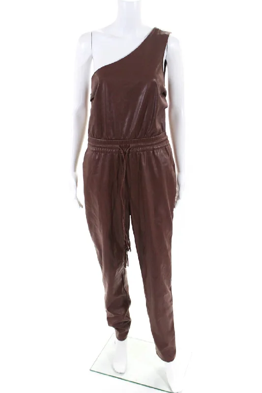 women's jumpsuits made of cottonMother Womens Landslide One Shoulder Faux Leather Jumpsuit Brown