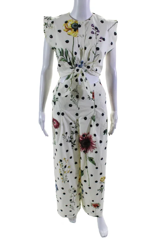 women's jumpsuits for petite womenOscar de la Renta Womens Cotton White Floral Cut Out Wide Leg Jumpsuit