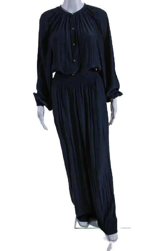 women's chic jumpsuitsRamy Brook Womens Navy Crew Neck Long Sleeve Wide Leg Lea Jumpsuit