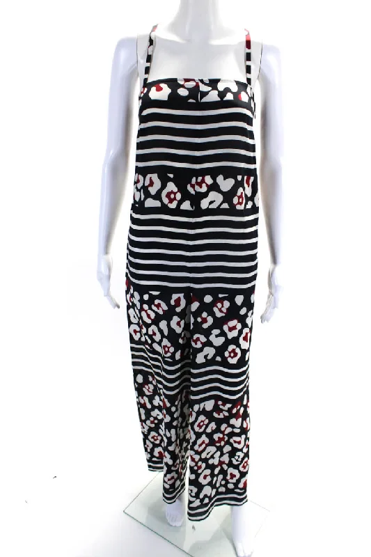 women's jumpsuits with round necksRED Valentino Womens Silk Chiffon Striped Print Wide Leg Jumpsuit Black