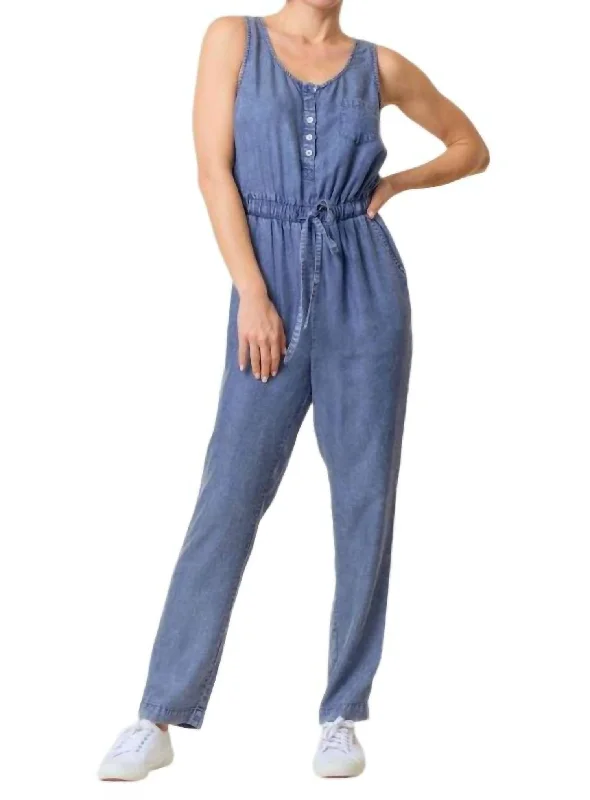 women's jumpsuits for cozy daysScoop Neckline Sleeveless Drawstring Waist Henley Jumpsuit With Front Pocket In Dark Denim