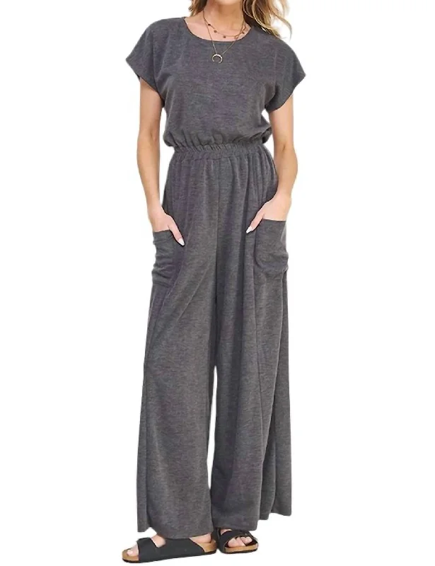 women's jumpsuits with belt loopsShort Sleeve Knit Straight Leg Elastic Jumpsuit In Charcoal