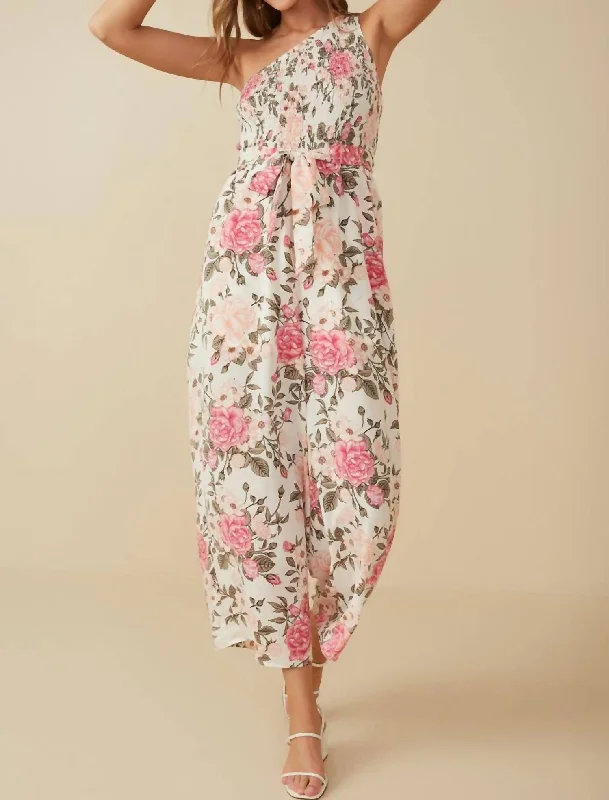 women's jumpsuits for laid-back looksSmocked One Shoulder Jumpsuit In Pink