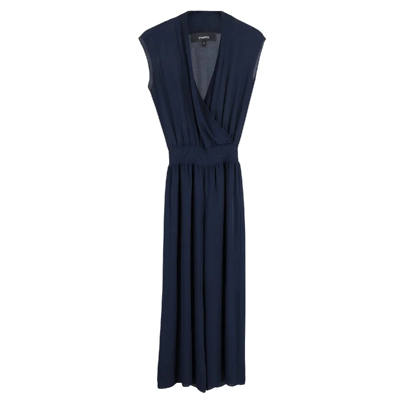 women's elegant jumpsuitsTheory V-Neck Jumpsuit in Navy Blue Silk