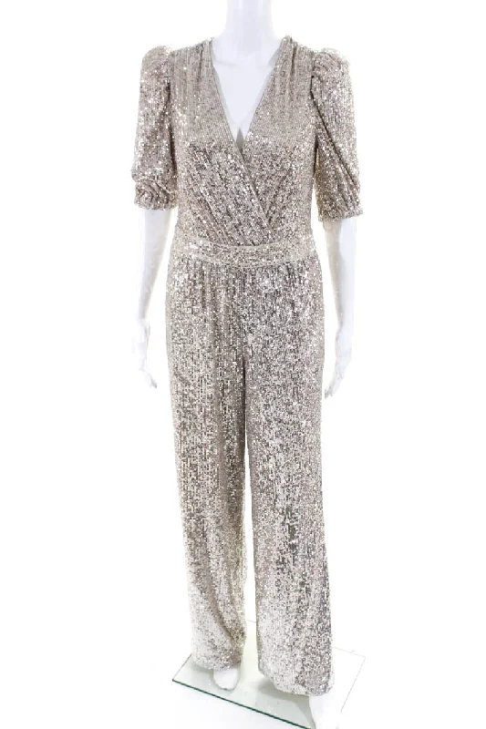 women's jumpsuits for winterTrina Turk Womens Asandra Sequin Short Sleeve Jumpsuit Champagne