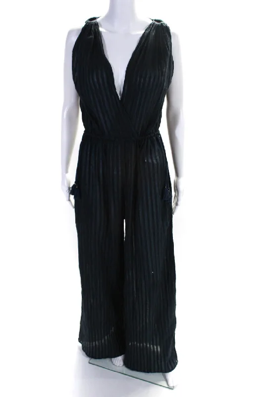 women's jumpsuits with long sleevesUlla Johnson Womens Striped Sleeveless Wide Leg Jumpsuit Navy Blue