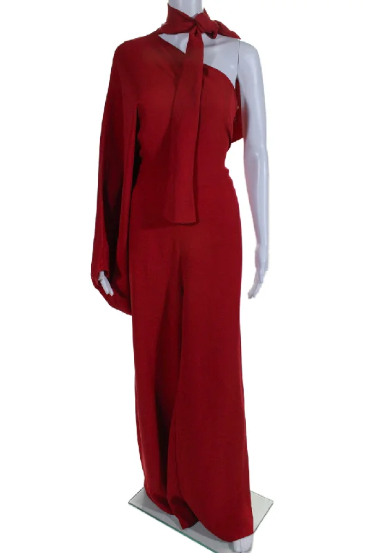 women's retro jumpsuitsValentino Womens Silk Crepe One Shoulder Wide Leg One Piece Jumpsuit Red