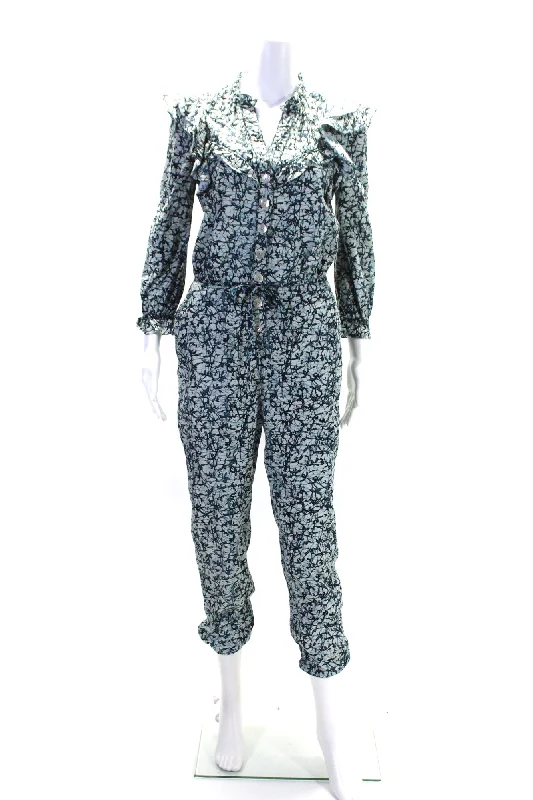 women's jumpsuits with high necksVeronica Beard Womens Abstract Print Button Down Jumpsuit White Blue