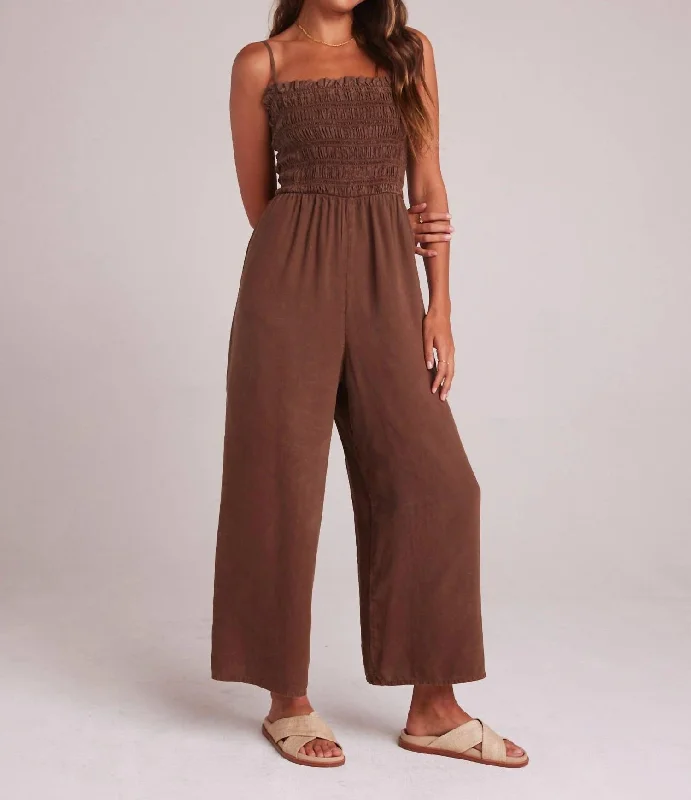 women's jumpsuits with spaghetti strapsWide Leg Smocked Ruffle Jumpsuit In Botanical Brown