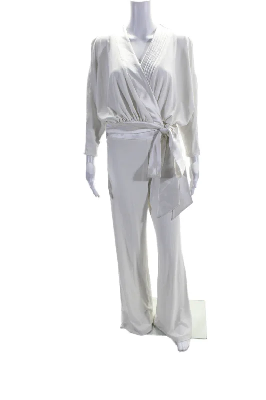 women's boho jumpsuitsZhivago Womens Long Sleeves V Neck Belted Wide Leg Jumpsuit White