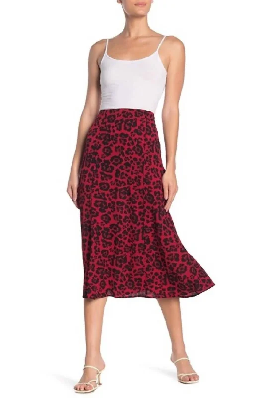 women's flowy midi skirts with pocketsAnimal Print Flare High Rise Crepe Midi Skirt In Red