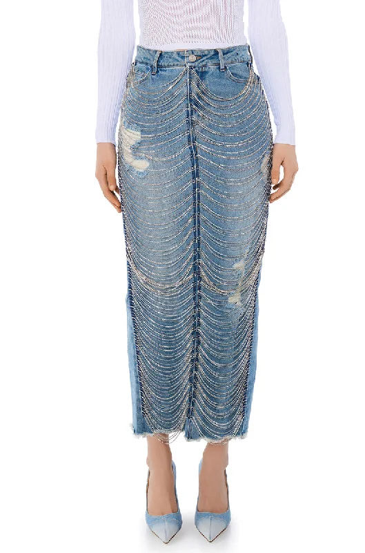 women's tulip skirtsCHAIN DETAIL DENIM MAXI SKIRT