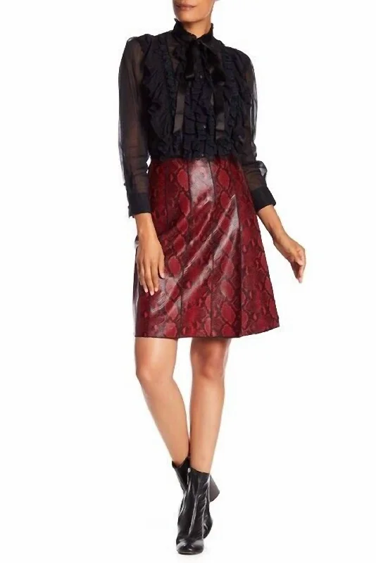 women's linen skirtsLeather Snake Embossed Pleated Skirt In Red/black