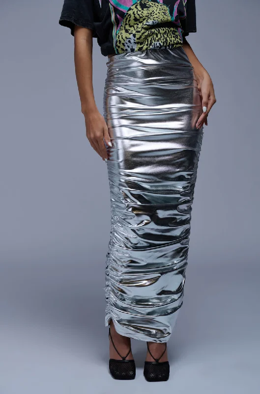 women's retro denim skirtsLUNA RUCHED METALLIC MAXI SKIRT