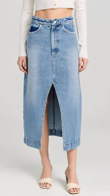 women's travel-friendly cocktail skirtsMarion Mended Denim Maxi Skirt In Blue