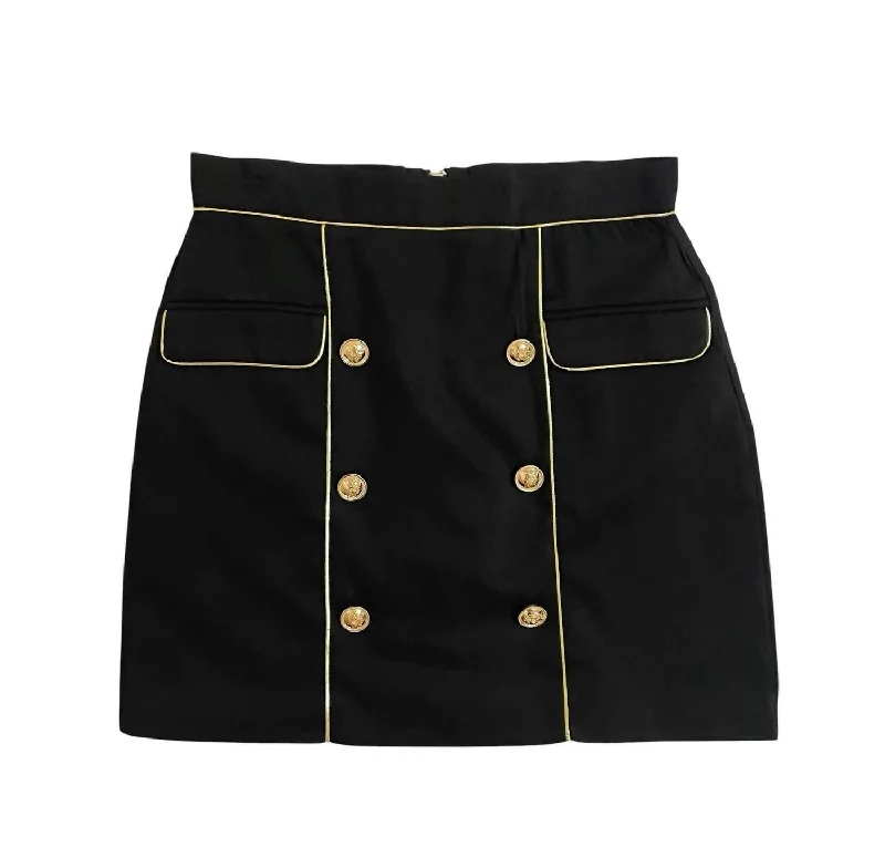 women's formal skirtsWomen's Mini Skirt With Gold Trim And Buttons In Black